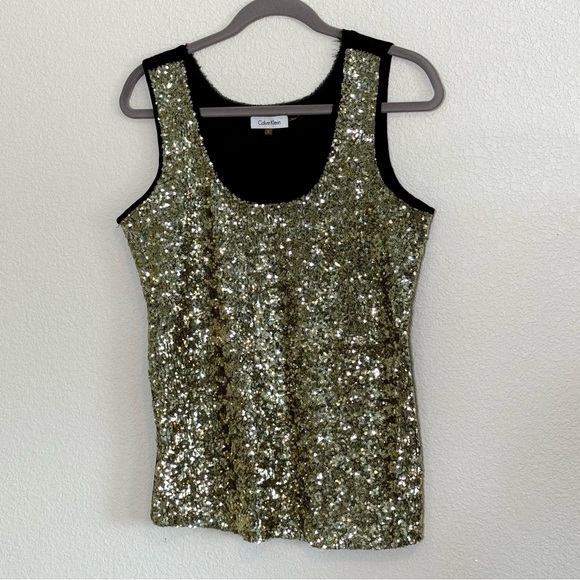 Calvin Klein Tops - Calvin Klein Sleeveless Gold Sequin Tank Top Size Large Womens Rib Cotton Back